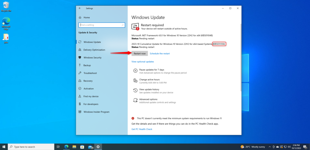 Windows Update Screen - Install KB5031356 on Windows 10