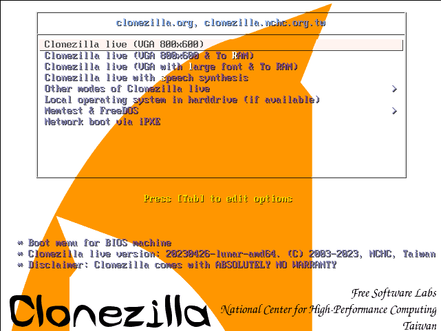 Clonezilla first boot window