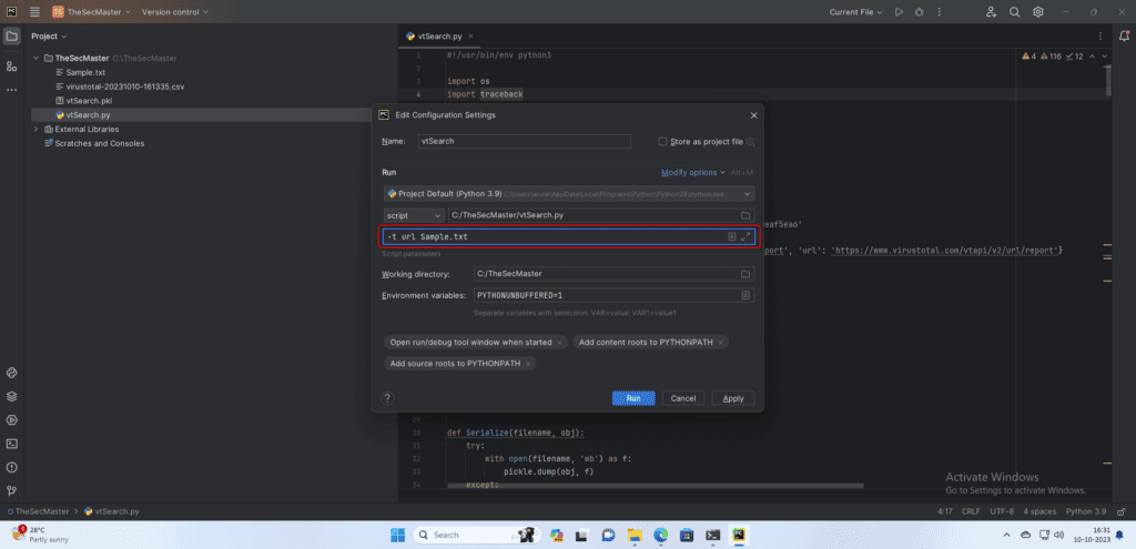 Configure the parameters settings in PyCharm