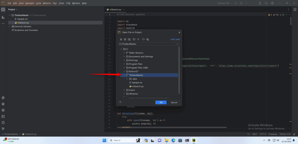 Select Project Directory in PyCharm